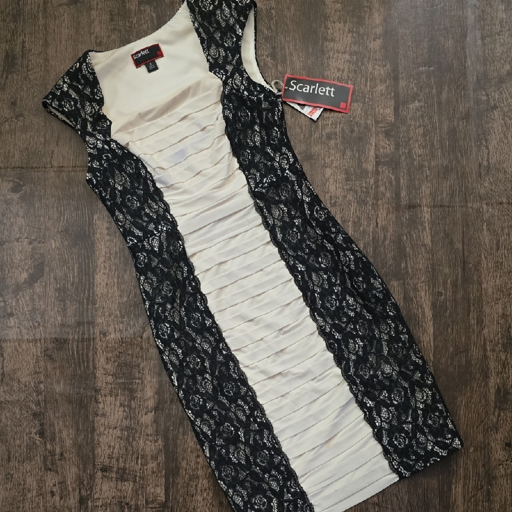 SCARLETT Lace Satin Black Cream Dress Sz 4 Nwt Fitted Cap Sleeve